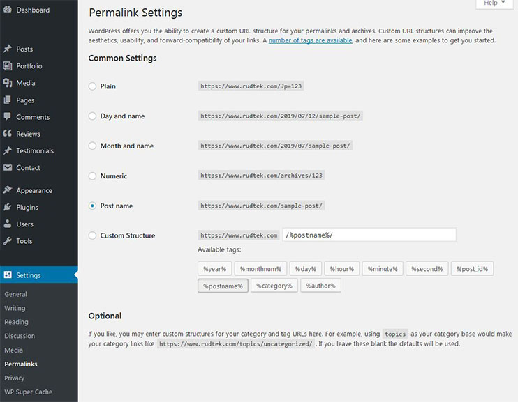 Rudtek Wordpress Settings Change Permalinks